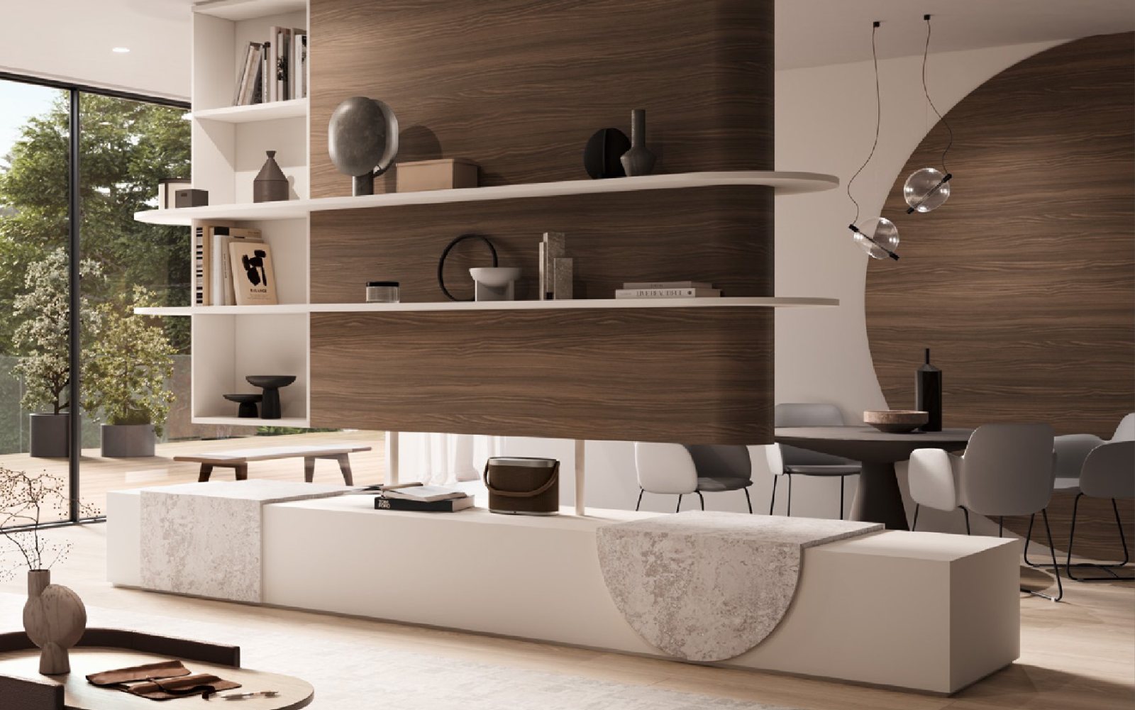Living room with EGGER wood and stone reproductions on shelving and a low sideboard