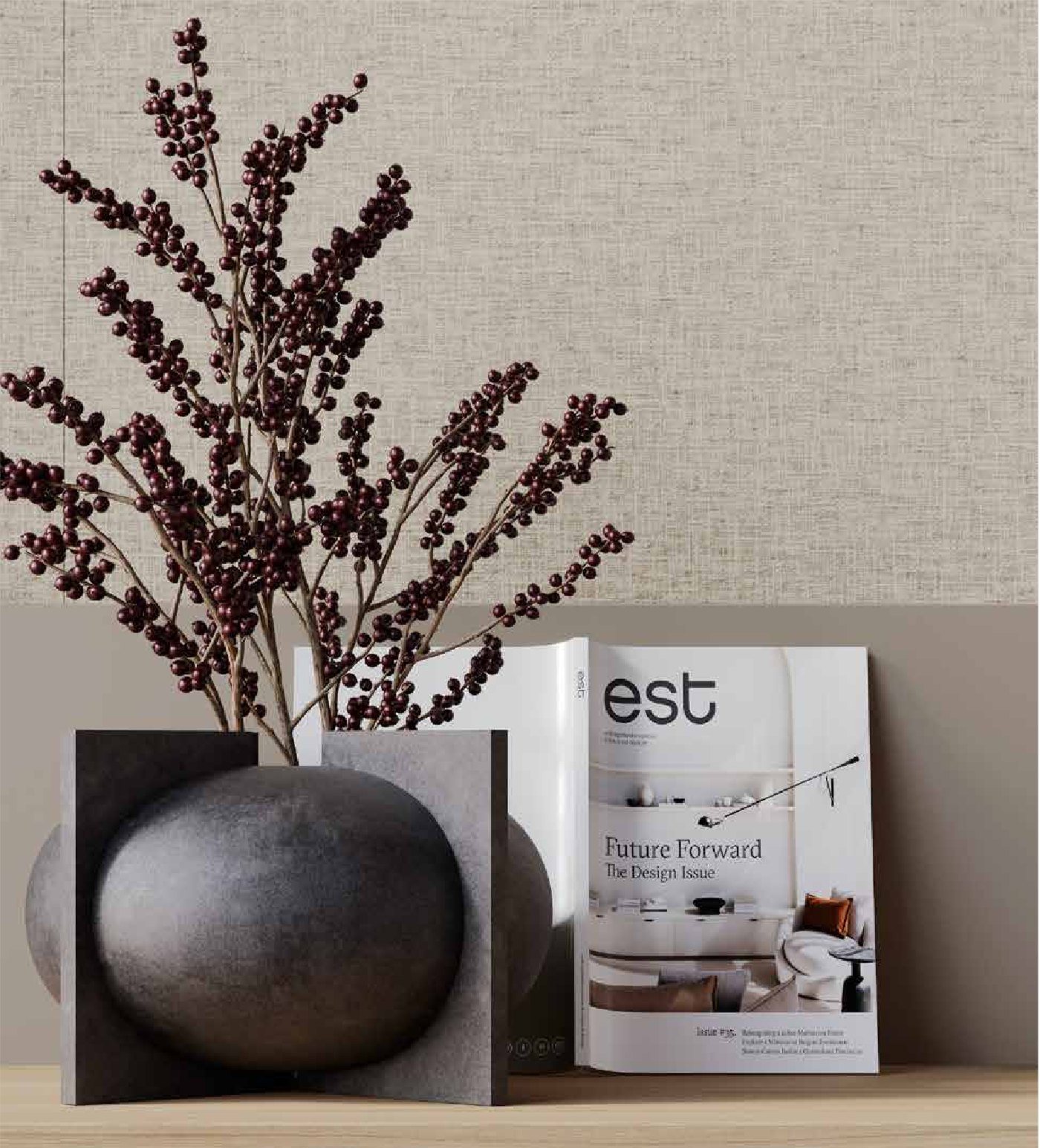 Vase and books on a shelf against an S Collection textile decor